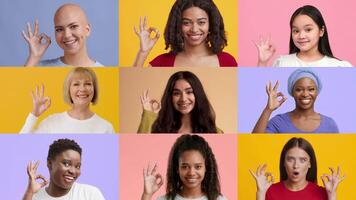 A collage of women from various backgrounds, each smiling and making an okay gesture. The colorful backdrop highlights their diverse lifestyles and positive vibes. video