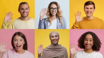 A collage showcases a diverse group of individuals smiling and waving hello. Their joyful gestures and expressions create a warm and inviting atmosphere filled with positive emotions. video