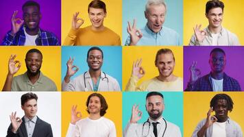A collection of multiracial men showcasing the okay gesture with smiles, set against bright, colorful backgrounds. Each expression conveys a sense of positivity and inclusiveness. video