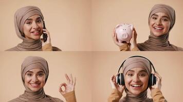 A young Middle Eastern woman in hijab conveys a range of emotions through joyful and playful gestures against a vibrant beige backdrop. Her expressions showcase happiness and confidence. video