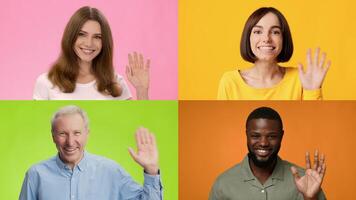 A cheerful collection of individuals from various backgrounds is captured waving hello. Each person exhibits joy, showcasing a vibrant mix in a lively setting. video