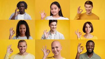 A vibrant collage features a diverse group of individuals making the okay gesture against a bright yellow background. Each person shows a distinct expression, portraying joy and inclusivity. video