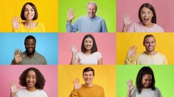 A diverse group of individuals expresses joy through hand waves and smiles. The lively collage features multiracial faces against vibrant pastel backgrounds, conveying positivity and connection. video