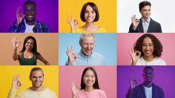 A collection of individuals from different backgrounds making the 'okay' gesture, showcasing a vibrant lifestyle. Each person is smiling against bright, colorful backgrounds, embodying positivity. video