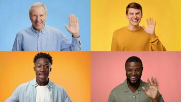 A collection of cheerful individuals from diverse backgrounds wave and smile, expressing friendly greetings against vibrant colored backgrounds. video