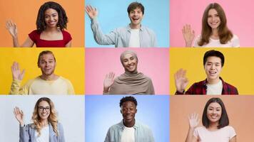 A joyful collection of smiling individuals from various backgrounds enthusiastically waving their hands in greeting against colorful backdrops, conveying positivity and warmth. video