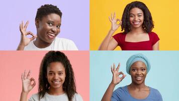 Four women display joyful expressions while making the okay hand gesture against bright, colorful backgrounds. This collage showcases diversity and positivity in lifestyle. video