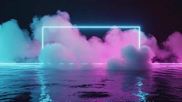 Glowing neon frame in pink and blue hues hovers over water surface, surrounded by fog video
