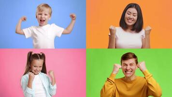 Cheerful people, including kids and adults, express their happiness and excitement through gestures of victory in a colorful setting. Their smiles reflect a shared sense of achievement. video
