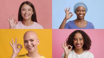 Four women of different backgrounds express positivity using the okay gesture. Their vibrant clothing and cheerful smiles highlight diversity and unity in a lively setting. video