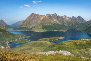 Lake with island and towns surrounded by mountains in background and red berries in foreground, Lofoten Norway photo