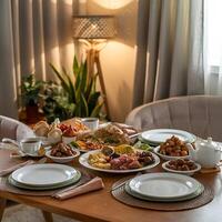 Elegant Dining Setup with Traditional Food and Tea photo