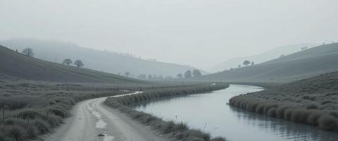 Dreamy Desaturated Landscape with Rolling Hills and Winding Path photo