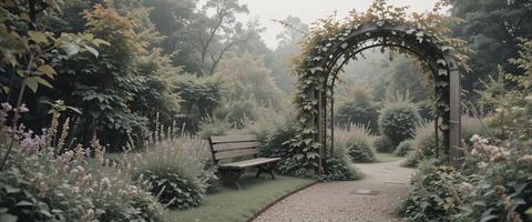 Serene Desaturated Garden with Weathered Stone Bench photo