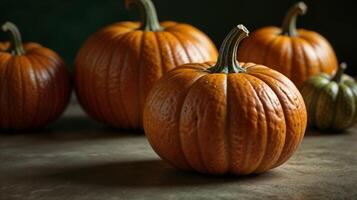 Several orange pumpkins of various sizes are lying on the table. photo