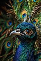 A close up of a peacock with feathers photo