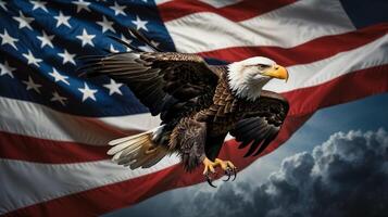An eagle with its wings spread in front of an american flag photo