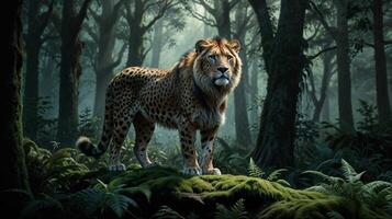 a hybrid animal of a mixture of lion and leopard standing in the jungle, the real king of the jungle, fast and strong photo
