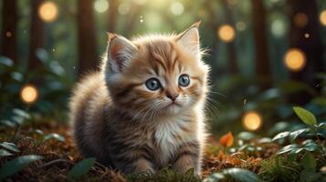 A kitten is sitting in the woods with lights photo