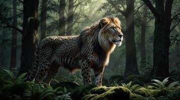 A leopard stands in the middle of a forest photo