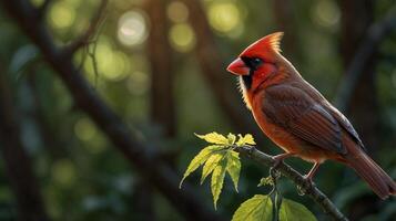 A red bird is sitting on a branch photo