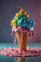 A colorful ice cream cone with rainbow colored syrup photo