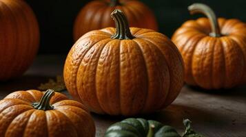 A group of pumpkins sitting on a table photo