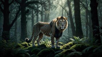 A lion standing in the middle of a forest photo