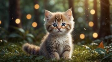A kitten sitting in the grass with lights in the background photo