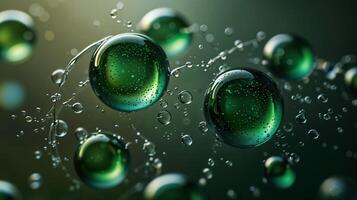 Green bubbles and water droplets on a dark background photo