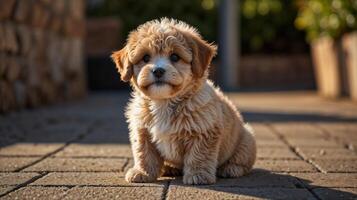 A small brown puppy sitting on a brick walkway photo