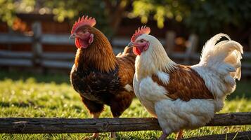 Two chickens standing on a wooden fence photo