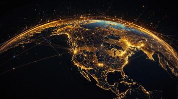 The earth with network lines and lights in the night sky photo