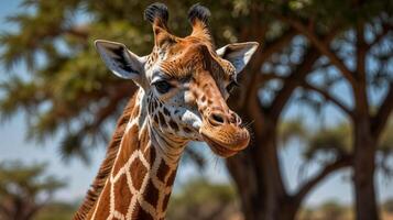 A giraffe standing in front of a tree photo