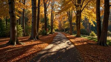 Path in the forest with autumn leaves photo