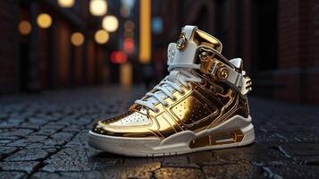 Gold high top sneakers on a cobblestone street photo