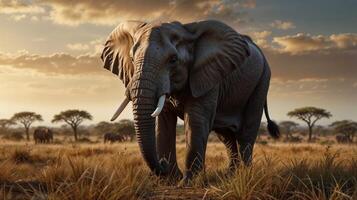 An elephant is walking in the grass at sunset photo