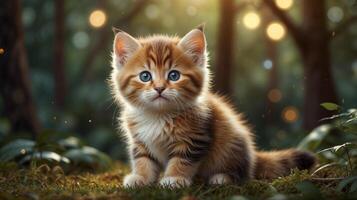 A kitten sitting in the woods with bright lights photo