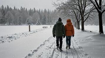 Two people walking in the snow on a path photo