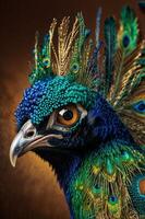 A close up of a peacock's head with feathers photo