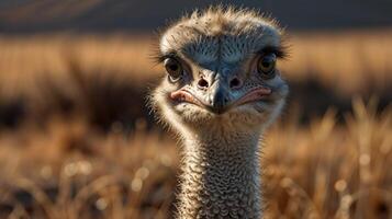 An ostrich looking at the camera in a field photo