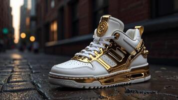 A white and gold sneaker on the street with futuristic design photo