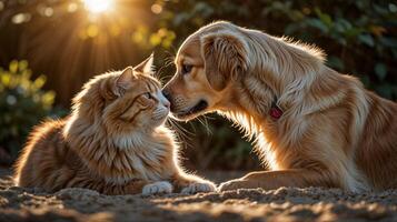 A golden retriever and a cat are kissing on the beach photo
