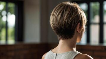 A woman with short hair sitting in front of a window photo
