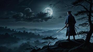 Samurai in the moonlight with a sword photo