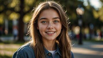 A young woman is smiling in a park photo