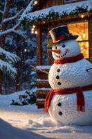 A snowman is standing in front of a cabin photo