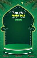 ramadan flash sale template banner with 3d podium for product sale with green background design vector