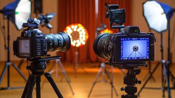 Professional Filmmaking Cameras on Tripods in Studio photo