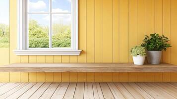 Bright Yellow Room with Wooden Shelf Plants and Window View photo